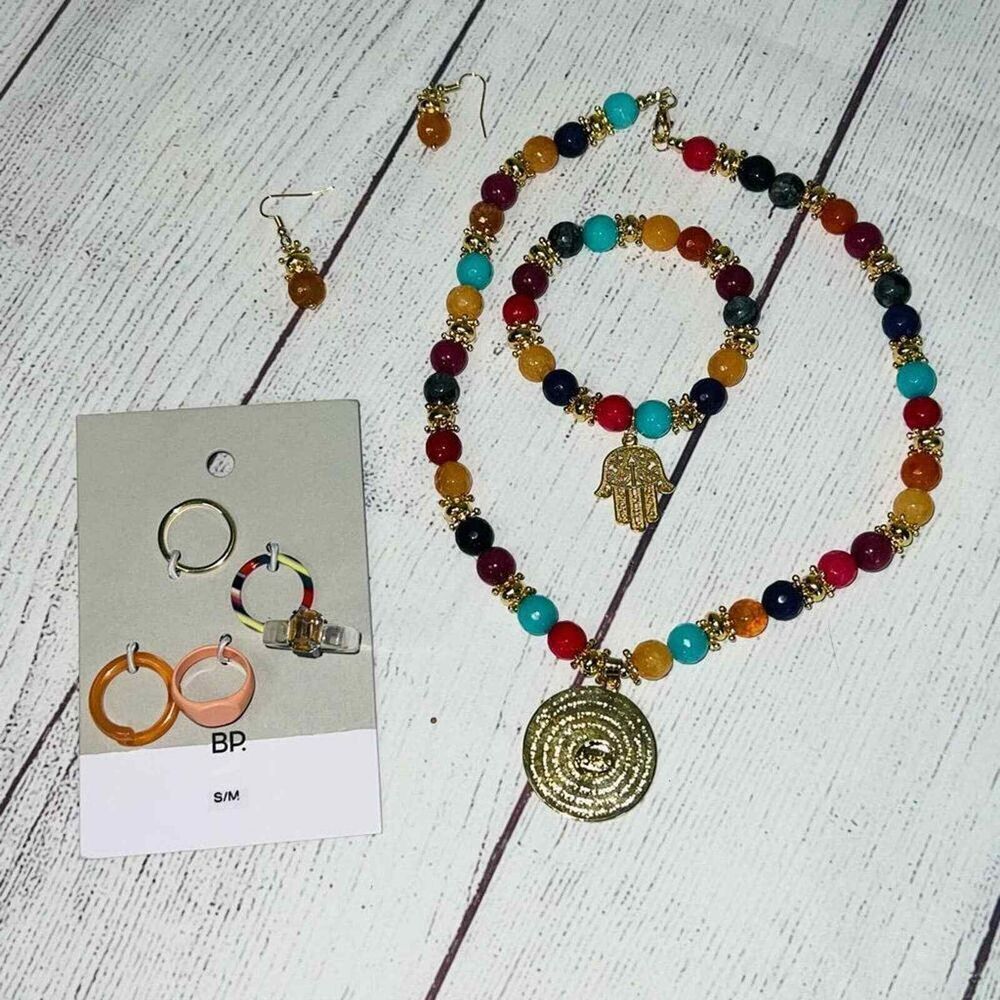 Hamsa Hand bracelet, earrings, medallion necklace and 5 ring pack